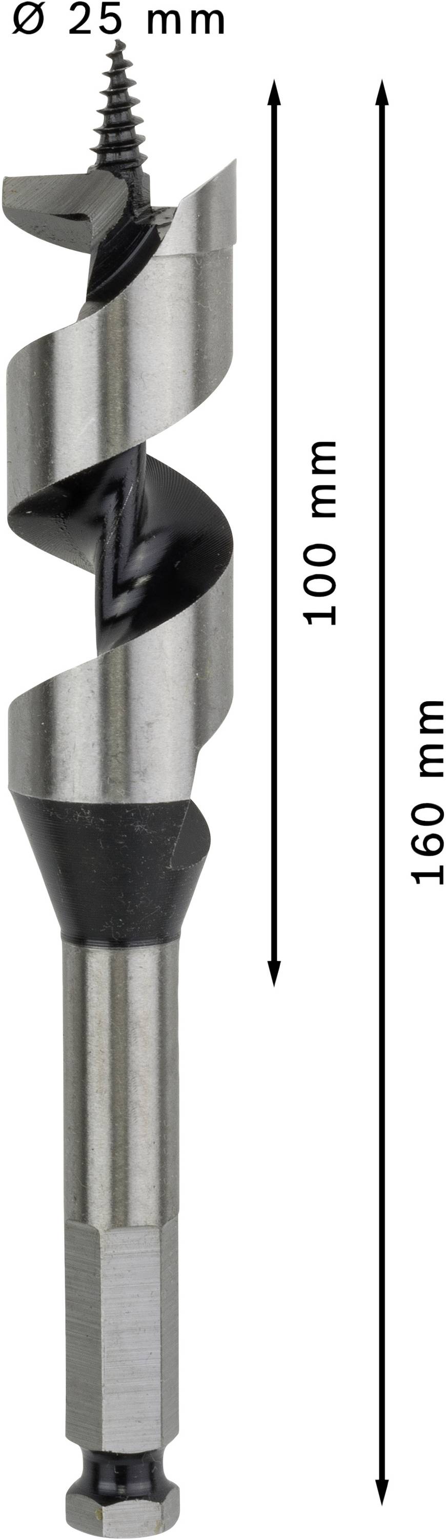 Houtboor met schroefvorm, Ø 25 mm, lengte 160 mm, bruikbare lengte 100 mm, geschikt voor diepgatboringen in hout.