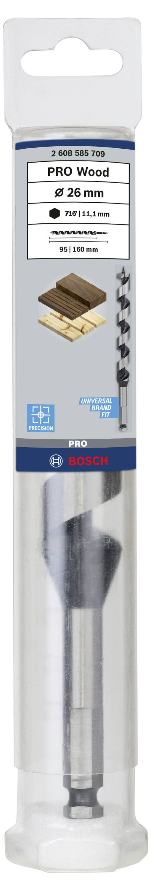 Borenset met Forstnerboorder '28 mm'. Geschikt voor zacht en hard hout. Zes andere boren zijn afgebeeld. Merk: Bosch.