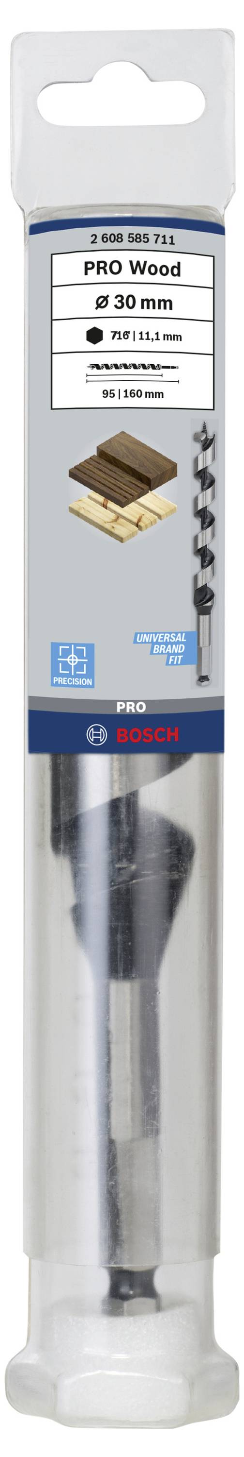 'Bosch' Forstner-boor voor hout, diameter 30 mm, verpakt in een plastic verpakking met blauwe en witte etiketten.