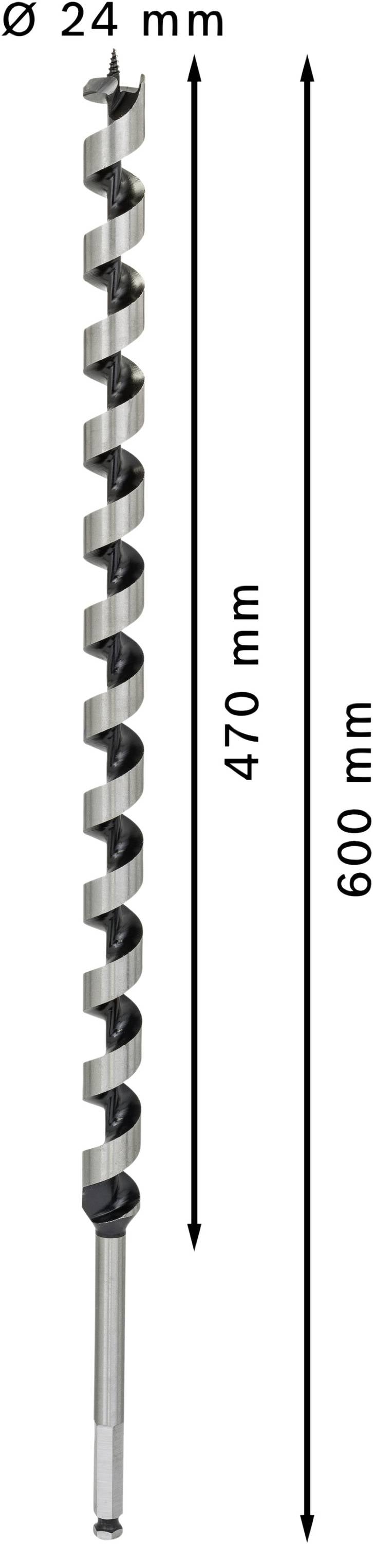Boor met 600 mm lengte, 470 mm spiraal en 24 mm diameter. Gebruikt voor diepe boringen.