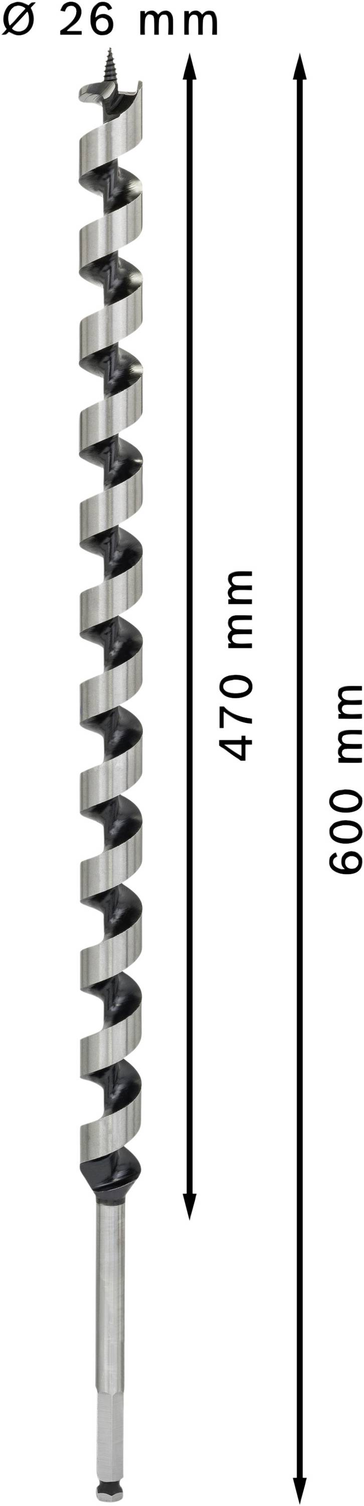 De afbeelding toont een boor met een diameter van 26 mm en een totale lengte van 600 mm, waarvan 470 mm functioneel zijn.