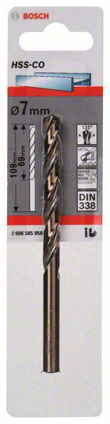 Bosch boor verpakking, HSS-CO, diameter 7mm, lengte 109mm, geschikt voor metaal. DIN 338 norm.
