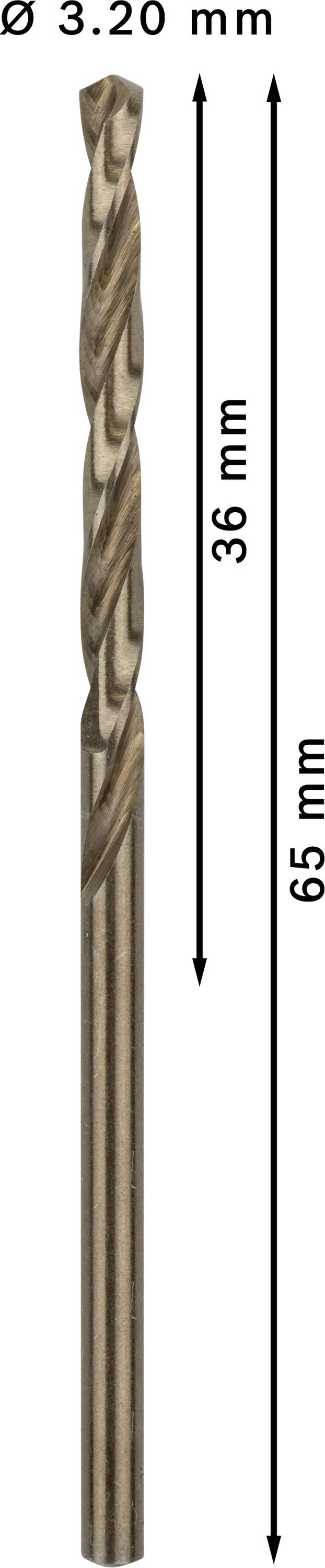 Boor met een diameter van 3,20 mm, een spiraalboorflank van 36 mm en een totale lengte van 65 mm.