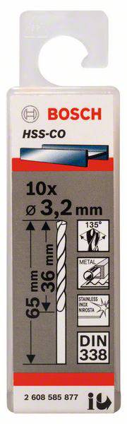 Bosch Accessories 2608585877 HSS Metaal-spiraalboor 3.2 mm Gezamenlijke lengte 65 mm Kobalt DIN 338 Cilinderschacht 10 s-1