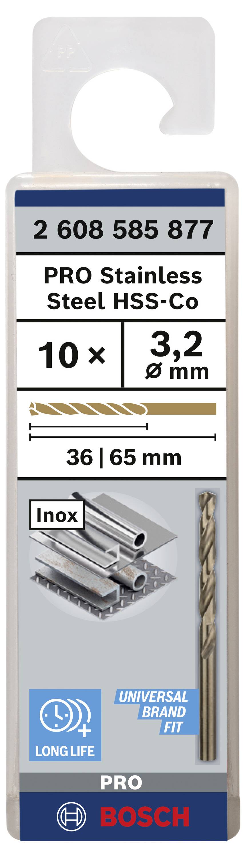 Borenset met opschrift 'PRO Stainless Steel HSS-Co', 10 stuks, 3,2 mm diameter, geschikt voor roestvrij staal. Merk: Bosch.