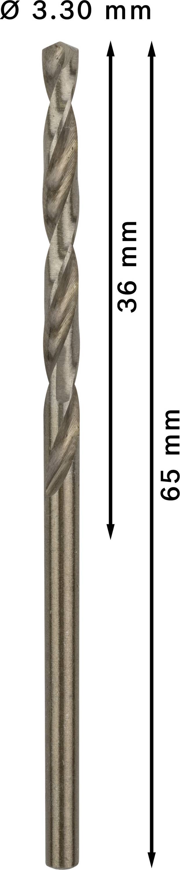 Boor met een diameter van 3,30 mm. De totale lengte bedraagt 65 mm, waarvan 36 mm het snijdende deel is.