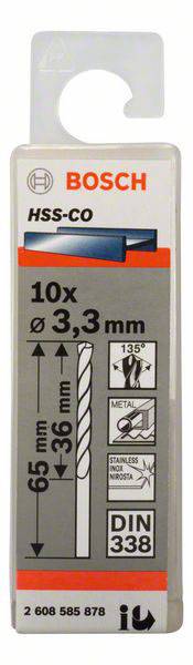 'Bosch HSS-CO boor, 3,3 mm, 10 stuks, lengte 65 mm. Geschikt voor metaal, roestvrij staal. DIN 338 standaard.'