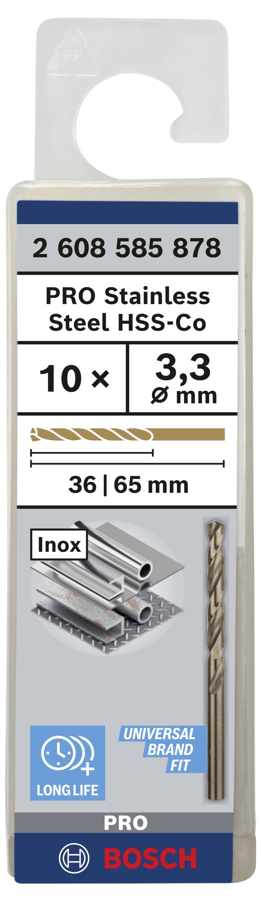 Verpakking van een Bosch PRO roestvrijstalen HSS-Co boor, 3,3 mm diameter, lengte 65 mm, 10 stuks, geschikt voor inox, lange levensduur.