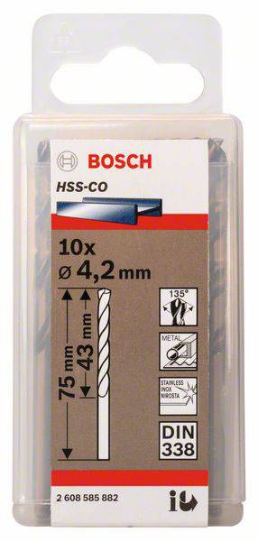 Verpakking met 10 Bosch HSS-CO-boren, diameter 4,2 mm, lengte 75/43 mm, geschikt voor metaal, roestvrij staal, DIN 338, 135° punt.
