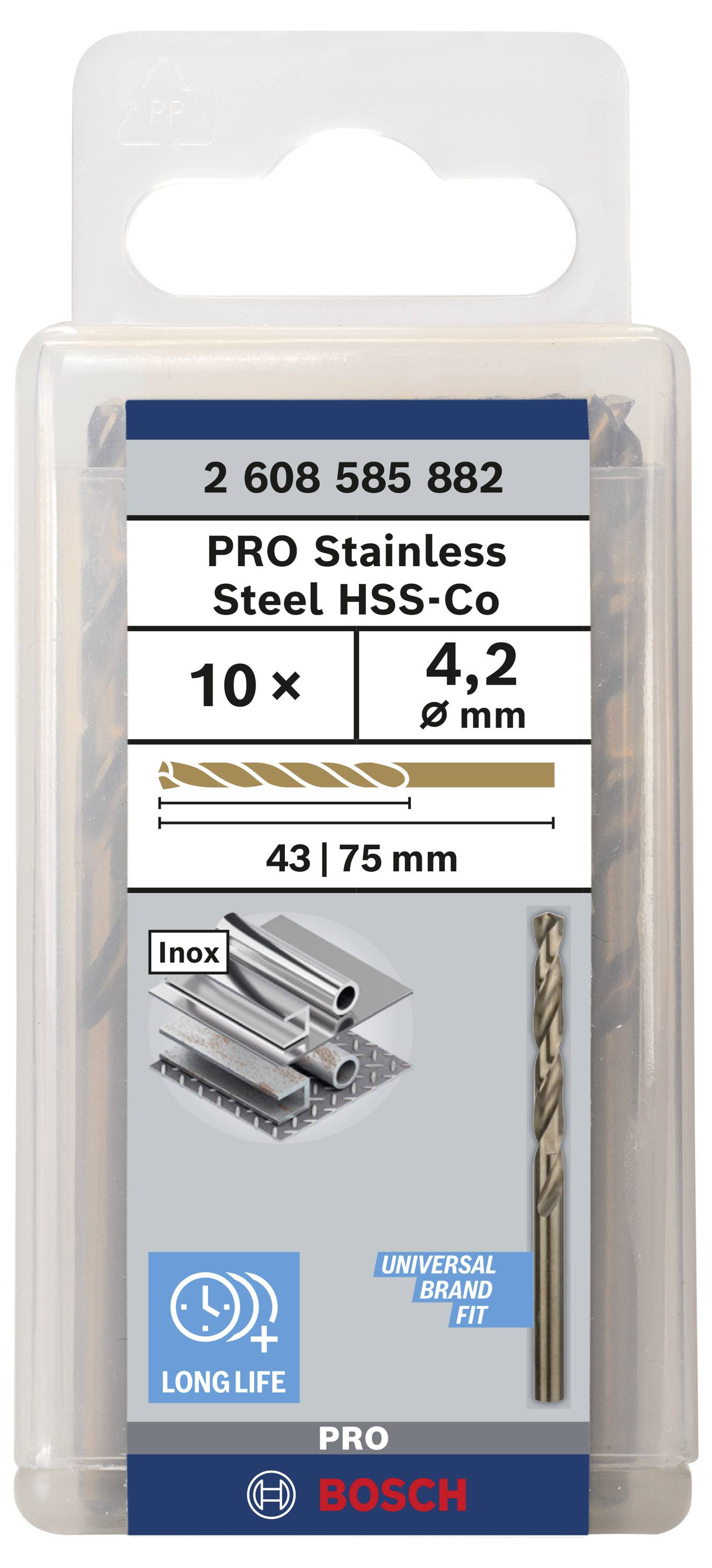 Borenset van Bosch, 'PRO Stainless Steel HSS-Co', bestaande uit 10 stuks, diameter 4,2 mm, geschikt voor roestvrij staal.