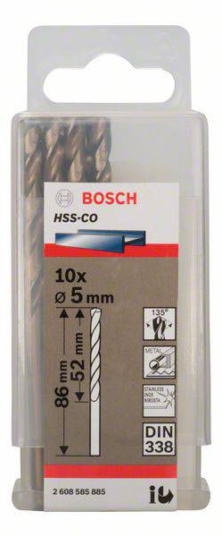 Boorset van Bosch met 10 HSS-CO boren, diameter 5 mm, lengte 86 mm. Geschikt voor metaalbewerkingen, conform DIN 338 standaard.
