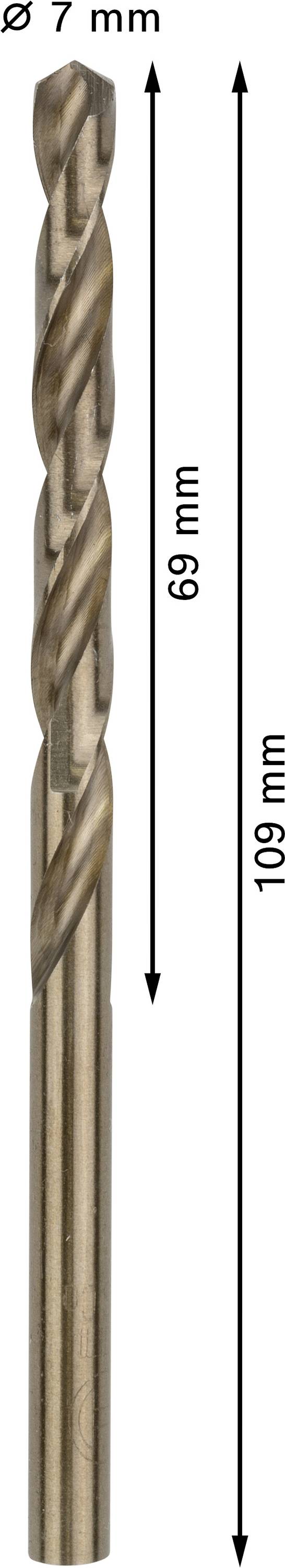Metaalboor met 7 mm diameter en 109 mm totale lengte, waarbij de spiraalboor 69 mm lang is.