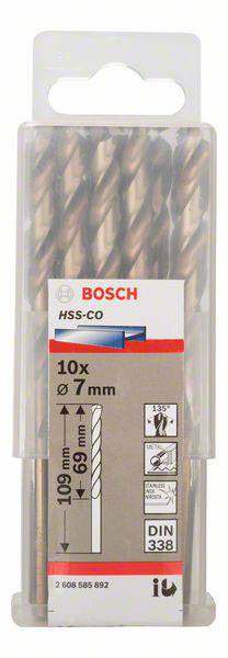 Een verpakking met 10 Bosch HSS-CO boren, diameter 7 mm, geschikt voor metaalboren, 109 mm lang. DIN 338 norm.