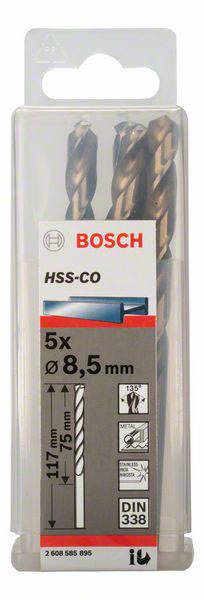 Verpakking met vijf Bosch HSS-CO boren, Ø 8,5 mm en 117 mm lengte, geschikt voor metaalbewerkingen, conform DIN 338 standaard.