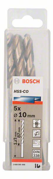 Verpakking met vijf Bosch boren, type HSS-CO, diameter 10 mm, lengte 133 mm, werklengte 87 mm, conform DIN 338 standaard.