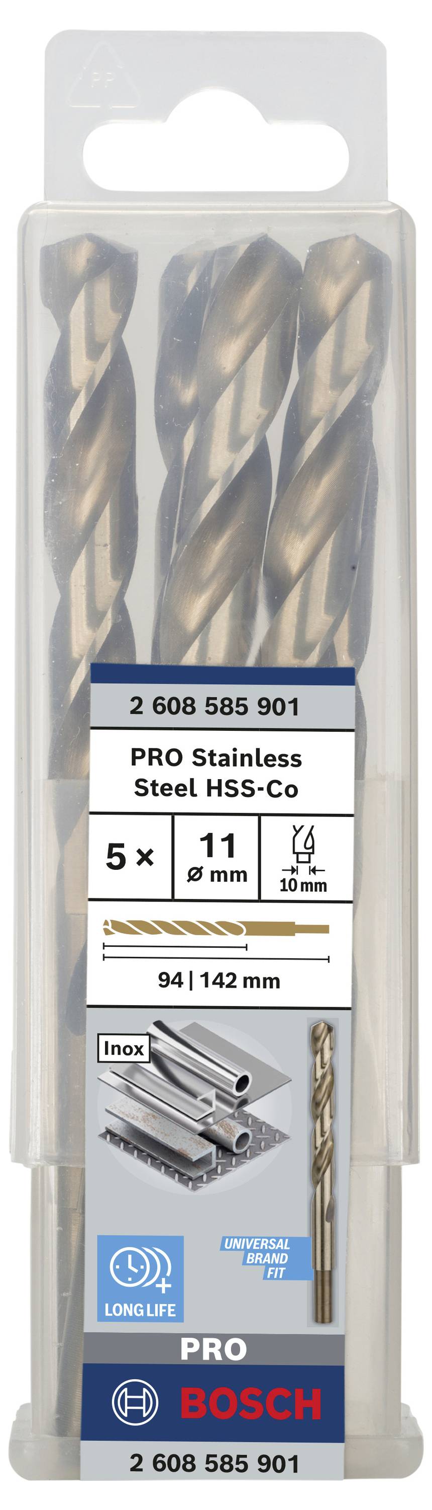 Drie Bosch Pro roestvrijstalen boren in set, maat 5x11 mm, met verpakking. Geschikt voor metaalboringen, vooral roestvrij staal.