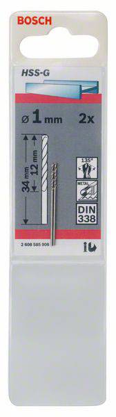 'Bosch HSS-G metaalboor, diameter 1 mm, 2 stuks, lengte 34 mm, norm DIN 338.'