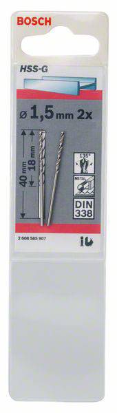Verpakking met twee HSS-G boren van Bosch, diameter 1,5 mm, lengte 40 mm, conform DIN 338 standaard.