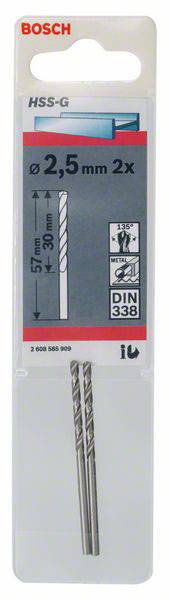 Bosch boorset, bevat twee HSS-G boren met een diameter van 2,5 mm en een lengte van 57 mm.
