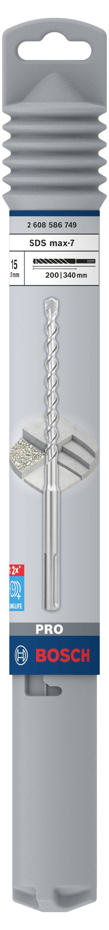 Verpakking voor een betonboor van het merk Bosch, maat 5 x 50 mm, geschikt voor SDS-Quick-opspansystemen, geschikt voor betonboringen.