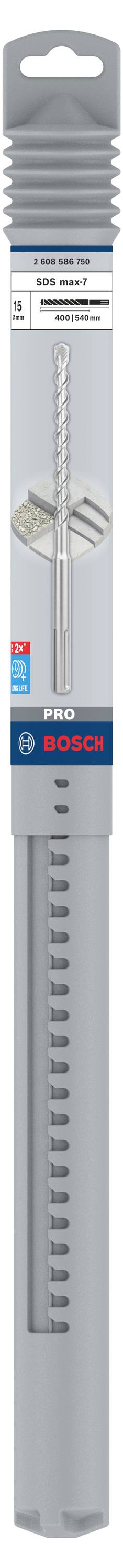 Borenset voor beton in grijze verpakking, merknaam zichtbaar bovenaan, product onder transparant kunststof met roterende punt.