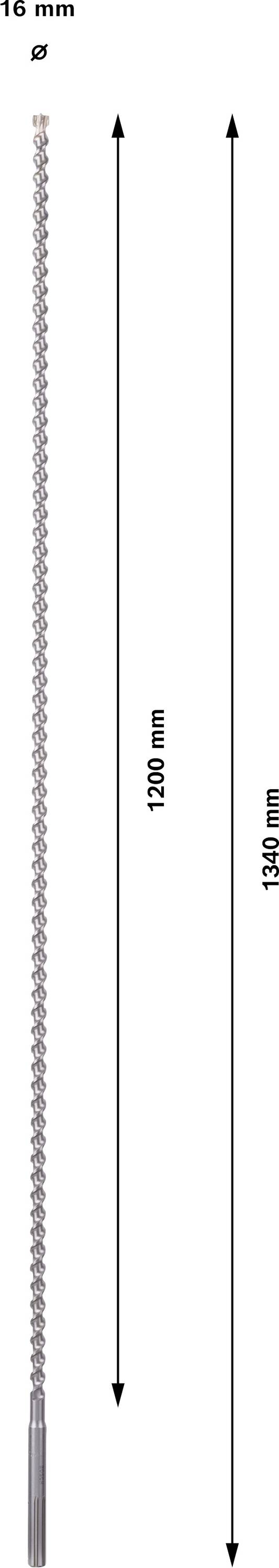 Boor met een diameter van 16 mm en een totale lengte van 1000 mm. Geschikt voor diep boren in beton of metselwerk.