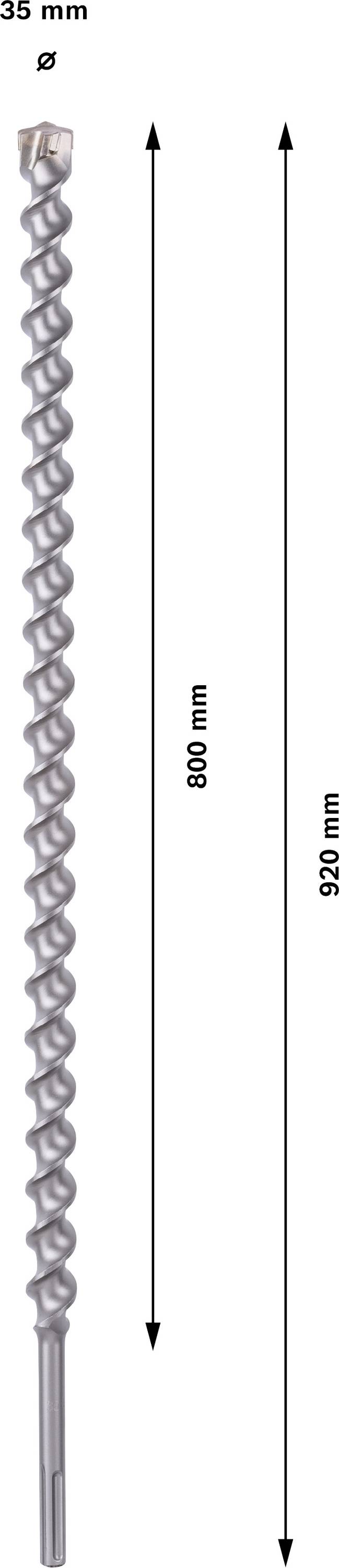 Boor met spiraelvorm en 35 mm diameter. Lengte van 800 mm en totale lengte van 920 mm zijn gemarkeerd.