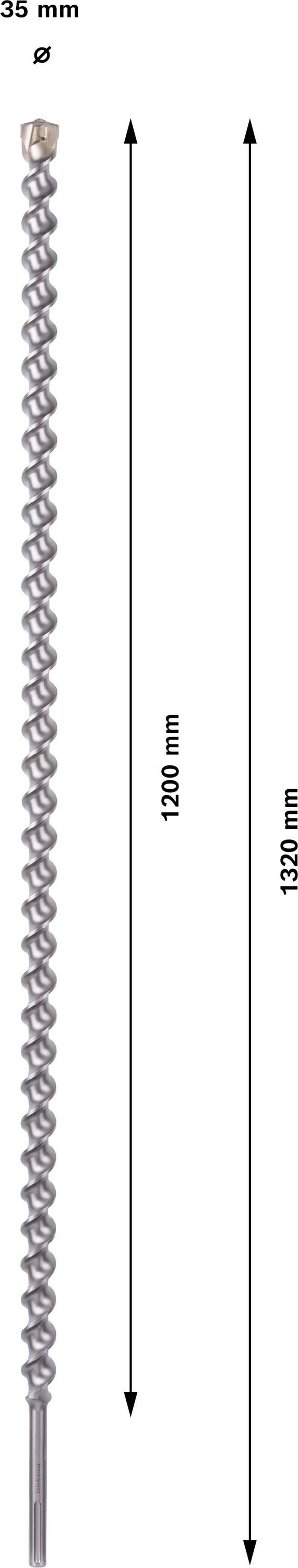 Boorschroef met een lengte van 1120 mm en een totale diameter van 35 mm, geschikt voor diepe boringen.