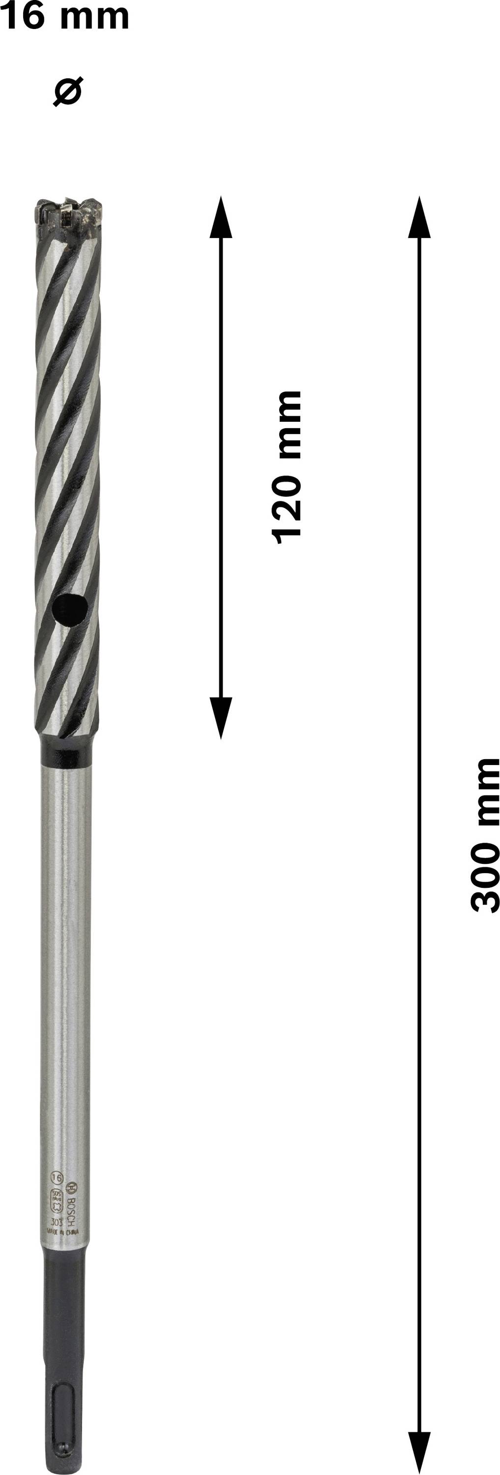 Afbeelding van een boor met 16 mm diameter, 120 mm snijlengte en 300 mm totale lengte.