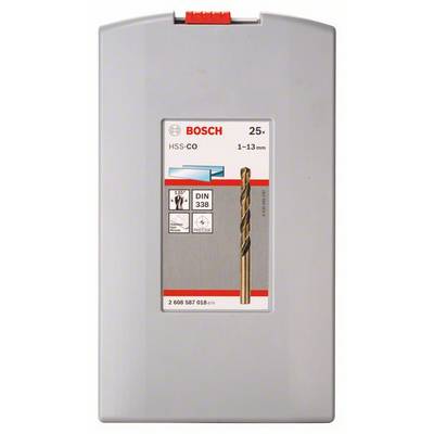 Zilveren boorset van Bosch met HSS-CO-boren, 1-13 mm, 25 stuks, geschikt voor metaalbewerking. Ontwikkeld conform DIN 338-norm.