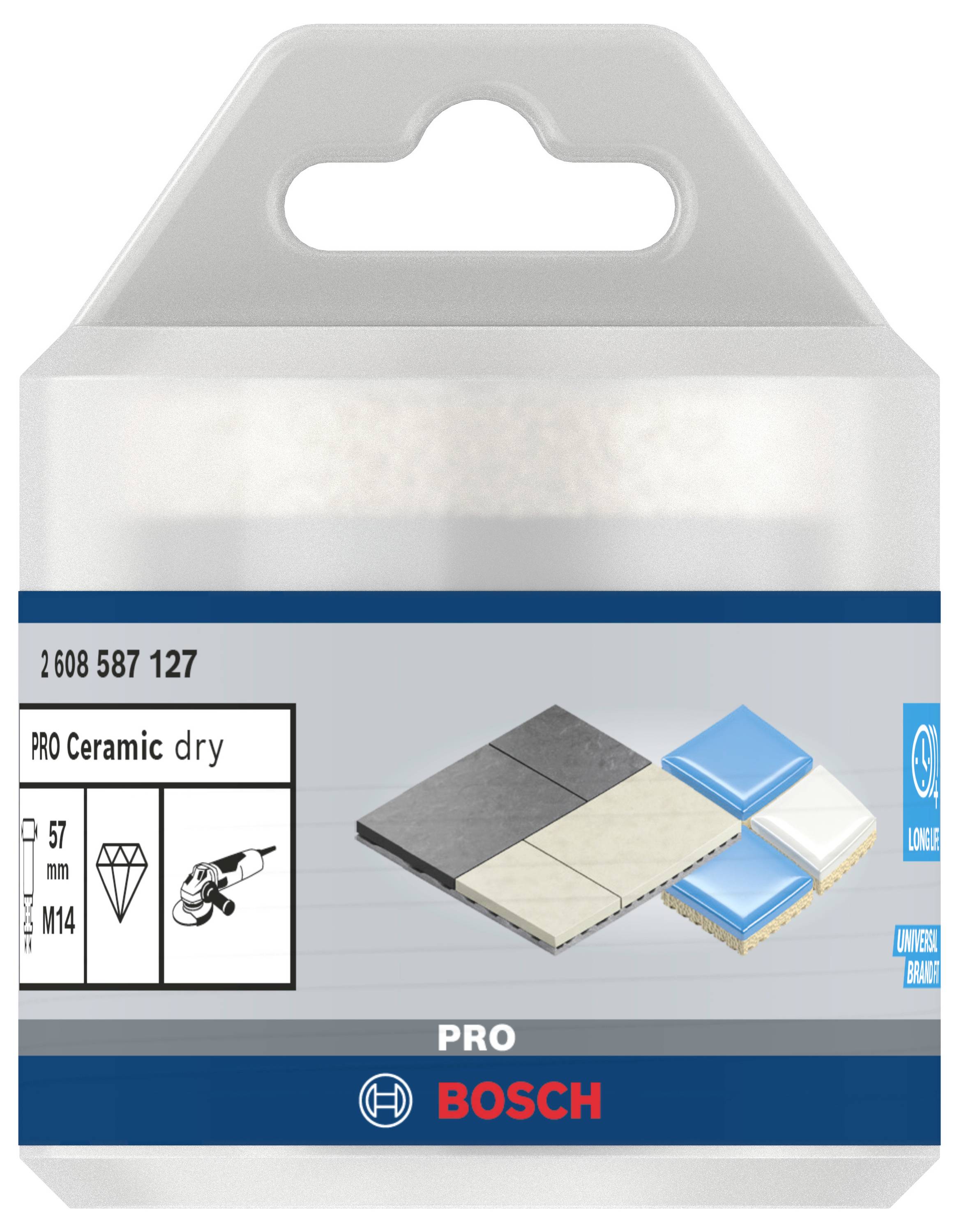 Verpakking van een Bosch PRO Ceramic droogboor met afbeelding van tegels en technische details zoals diameter (57 mm) en M14-aansluiting.