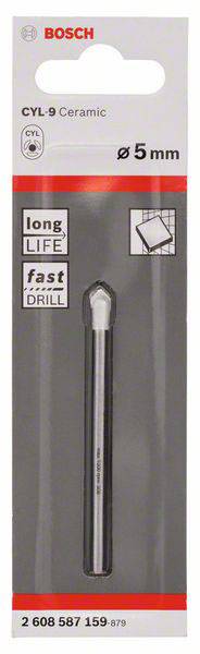 Een verpakkingsafbeelding van een Bosch CYL-9 keramische boor, diameter 5 mm, benadrukt duurzaamheid en snelle boorprestaties.