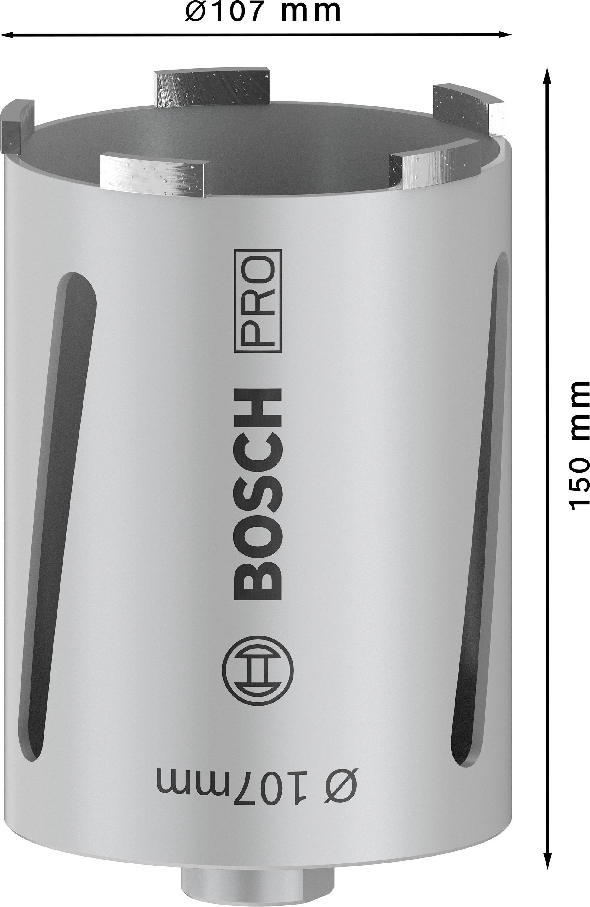 Cilindrische boor 'Ø107 mm x 150 mm' van Bosch Pro, zilverkleurig met vier snijkanten en zijdelingse sleuven.