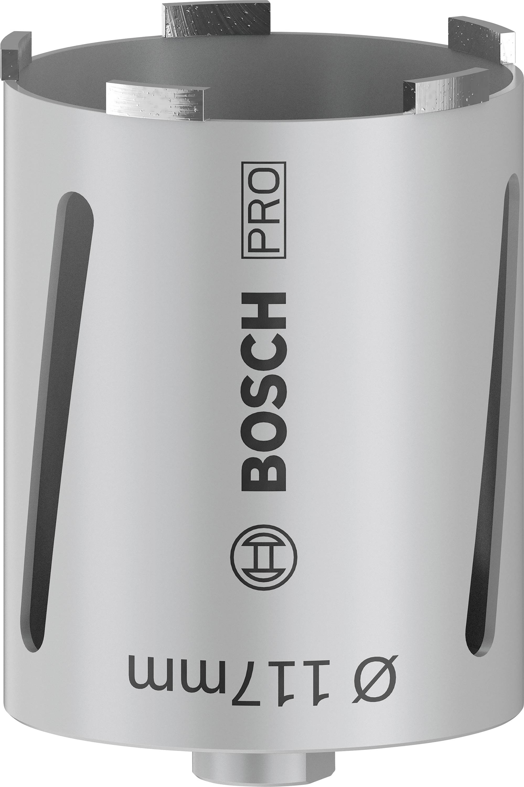 Metaalboren van Bosch Pro, cilindrisch, met HSS-snijvlakken en 117 mm diameter. Geschikt voor elektrisch aangedreven gereedschappen.