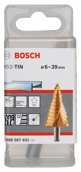 Verpakking van een Bosch HSS-TiN stappenboor, geschikt voor boringen van 6-39 mm. Geschikt voor staal en PVC. Verpakking bevat technische symbolen.