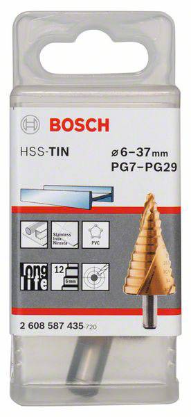 Verpakking van een conische boor van Bosch, geschikt voor Ø 6-37 mm, PG7-PG29, roestvrij staal, kunststof en plaatstaal.