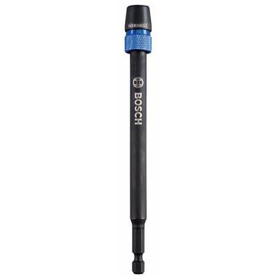 Een verlengde boor van Bosch met een zwarte schacht en een blauwe metalen kap.