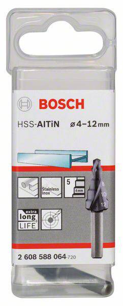 Boorset van Bosch met HSS-AITiN-coating, geschikt voor roestvrij staal, maat 4-12 mm, extra lange levensduur.