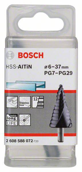 Verpakking van een Bosch HSS-AlTiN stappenboor, geschikt voor diameters 6-37 mm en PG7-PG29, met roestvrij staal- en plaatmetaal-symbolen.