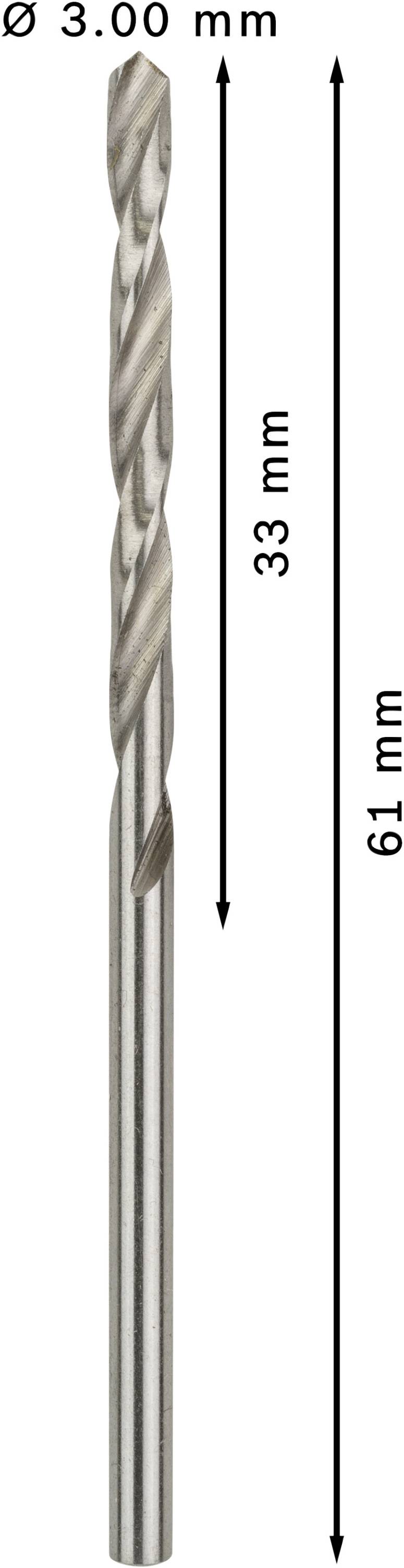Metalen boor met diameter 3,00 mm. Pijlen tonen lengtes: 33 mm en 61 mm.
