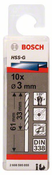 Verpakking met 10 Bosch HSS-G metaalboren, boormaat 3 mm, lengte 61 mm, geschikt voor metaal, conform DIN 338 norm.