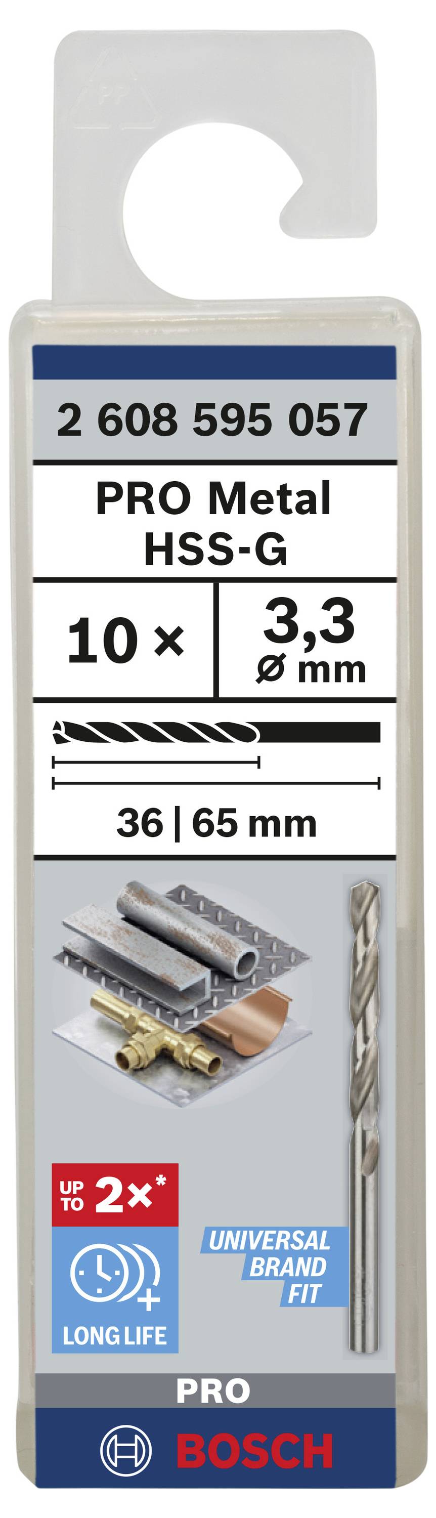 Verpakking voor Bosch PRO Metal HSS-G boren, 10 stuks, 3,3 mm diameter. Bevat afbeelding van boren, symboliseert lange levensduur.