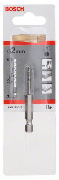 'Bosch HSS-boor', diameter: 2 mm, lengte: 82 mm, geschikt voor metaal, hout, kunststof. Verpakking toont boor en toepassingssymbolen.