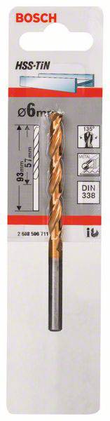 Boorset met 6 mm HSS-TiN boren. Merknaam 'Bosch', geschikt voor metaal. DIN 338 standaard.