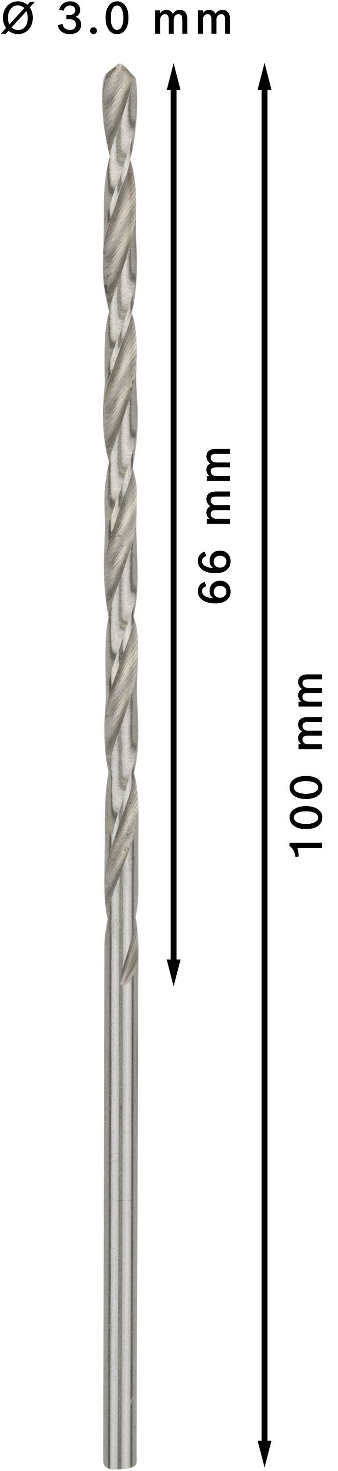 Afgebeeld is een staalboor met een diameter van 3,0 mm en een totale lengte van 100 mm, waarvan 66 mm spiraallengte.