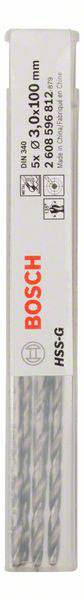 Verpakking met vijf metalen boren, merk Bosch. Maat 0,3 tot 1,0 mm, productcode 2608596124.