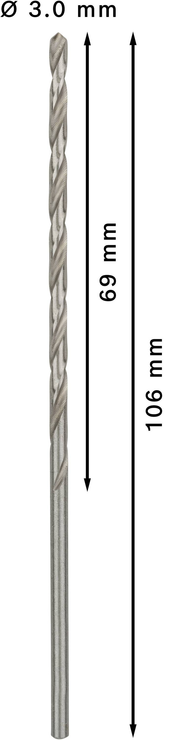 Een 3,0 mm boor met een totale lengte van 106 mm en een werklengte van 69 mm.