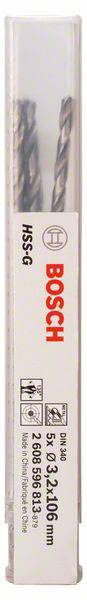 Een transparante kunststof etui bevat Bosch metaalboortjes met de afmeting 5x93x106 mm. Verpakking toont Bosch-logo.