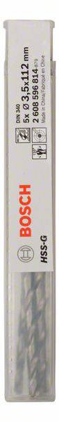 'Bosch HSS-G Boor' Etiket op plastic verpakking. Bevat boorgrootte 3xØ3,5x112 mm, productnummer 2608586141, geschikt voor metaal.
