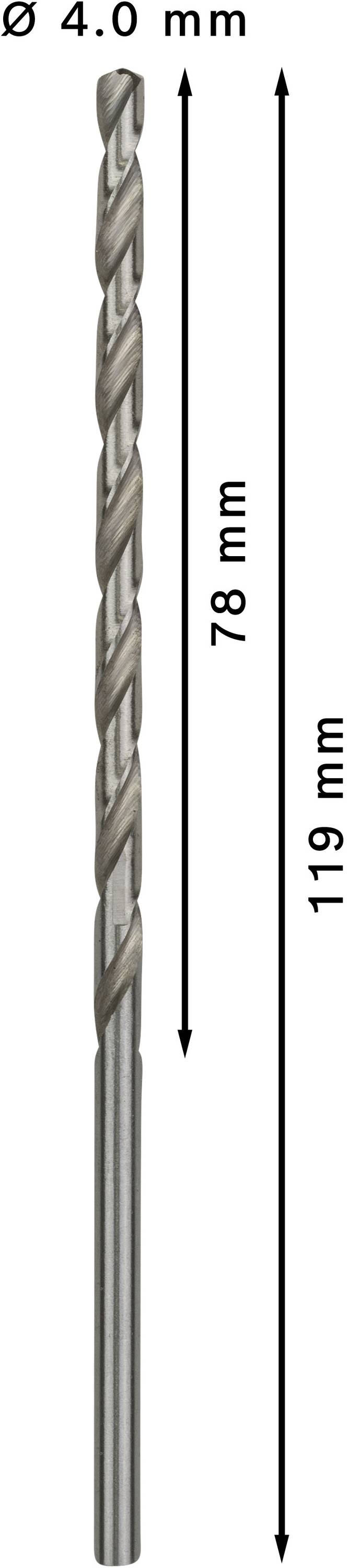 Boor met 4,0 mm diameter. Totale lengte: 119 mm, nuttige lengte: 78 mm.
